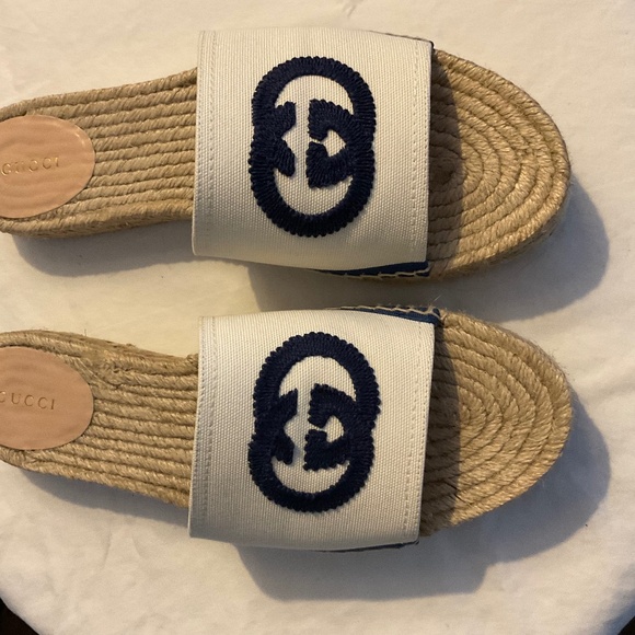 Gucci cream and blue canvas espadrilles slides size 41 - Picture 1 of 9
